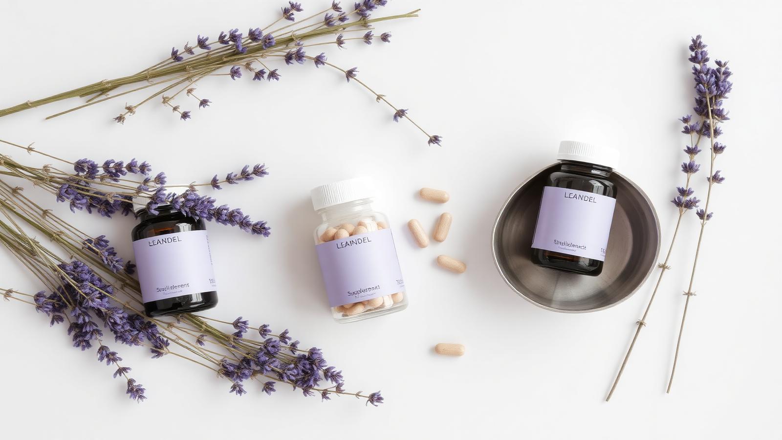 Supplement jars with dried lavender on a white surface